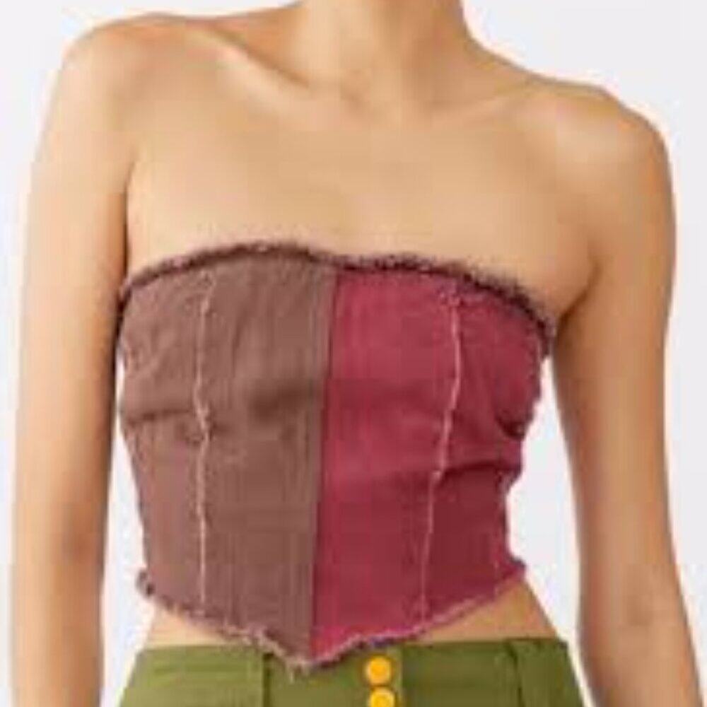 Urban Outfitters Leah Denim Bustier Top Two-Tone Brown and Red Festival Size L